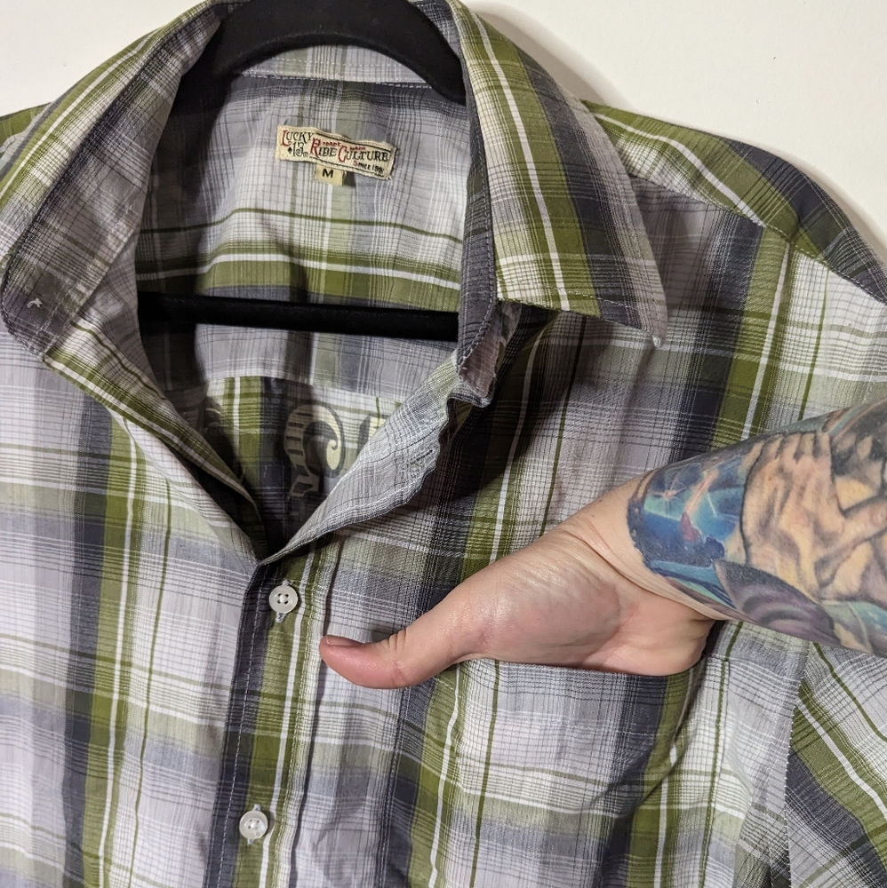 Lucky 13 zombie tiki button up shirt plaid green rockabilly retro pin up M L - Picture 7 of 12